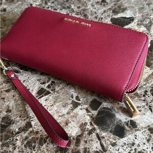 Michael Kors Red Zip-Around Wristlet Clutch with Gold Hardware